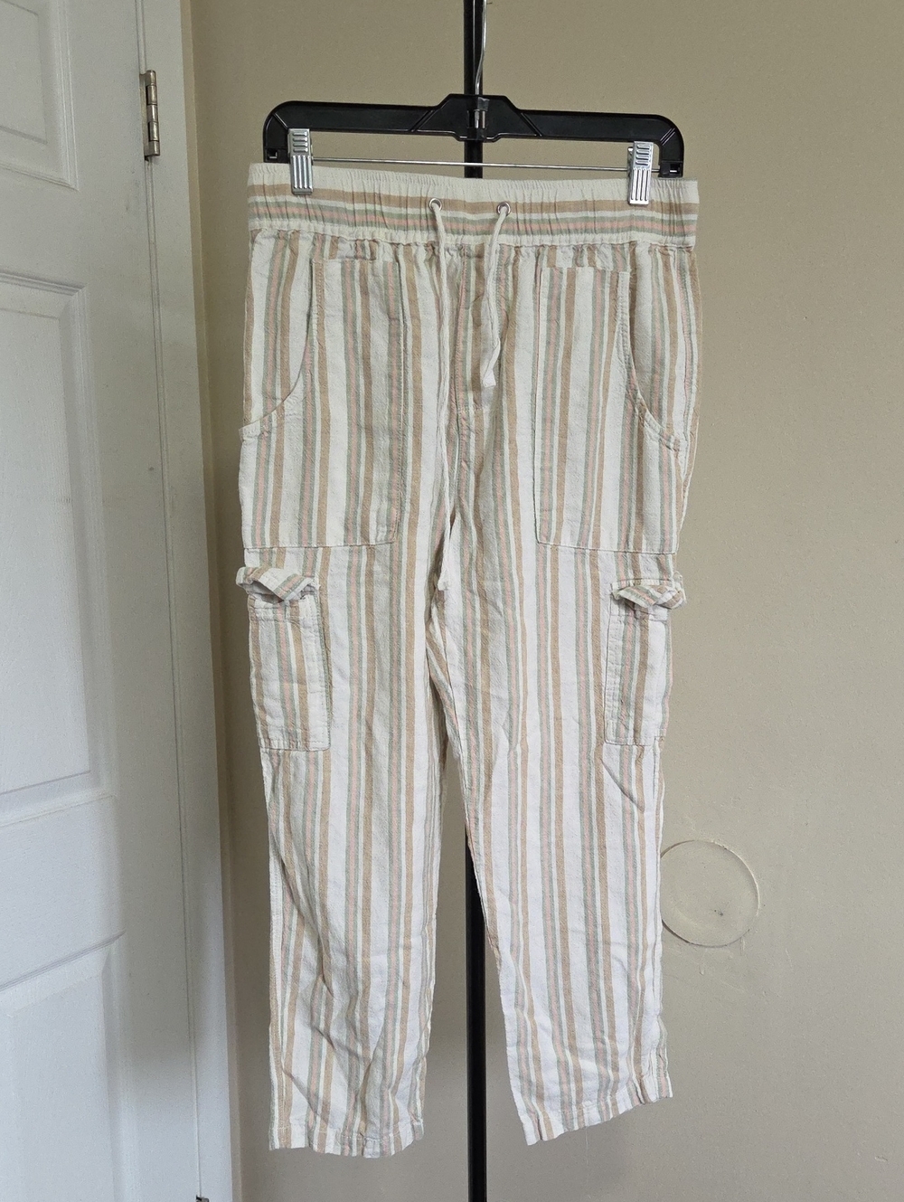 Velvet Heart Striped Drawstring Cargo Pants - Beige & White